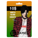 An image of an IMVU-10 USD- INT featuring a stylized male avatar in modern attire, valued at $10 for 10,000 credits, on a green and orange package. | TECHHAUZ.COM