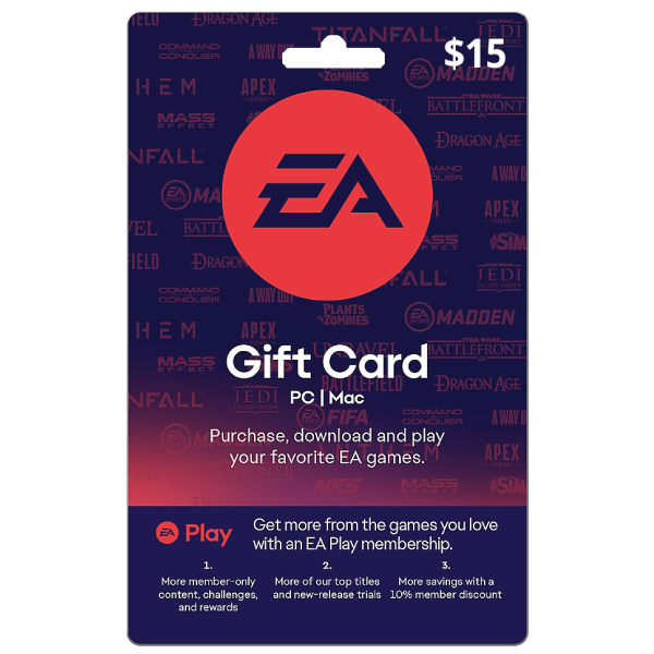 A digital depiction of an EA Play- 15 USD - USA gift card for PC and Mac, featuring a red EA logo at the center, and text promoting the card's benefits like game access and discounts. | TECHHAUZ.COM