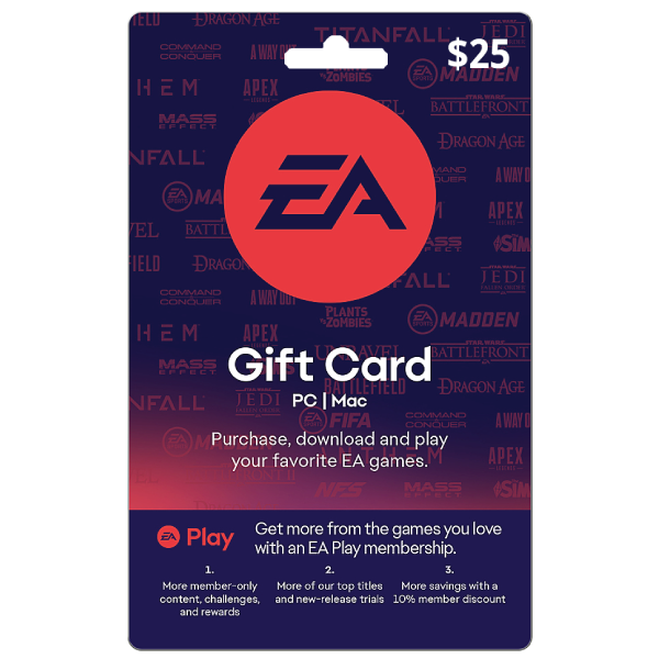 An EA Play- 25 USD - USA gift card against a blue background featuring various game titles like Sims, FIFA, and Apex Legends, offering benefits with an EA Play membership. | TECHHAUZ.COM