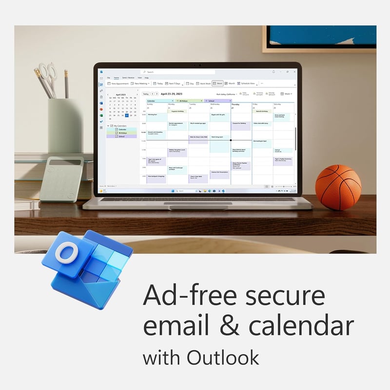 A laptop on a desk displaying a calendar in Microsoft 365 Personal - 1 Year Subscription- USA, next to a small basketball and a blue Outlook logo. Text reads "Ad-free secure email & calendar with Outlook. | TECHHAUZ.COM