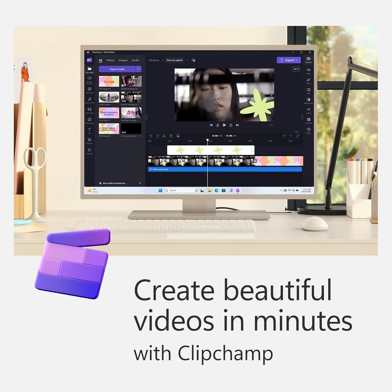 A desktop computer displaying Microsoft 365 Personal - 1 Year Subscription- USA video editing software interface with multiple clips on the screen, paired with the text "Create beautiful videos in minutes with Clipchamp. | TECHHAUZ.COM