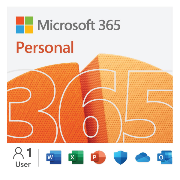 Microsoft 365 Personal - 1 Year Subscription- USA promotional image featuring the logo and icons for Word, Excel, PowerPoint, and other apps on a vivid orange background. | TECHHAUZ.COM