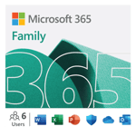 Microsoft 365 Family - 1 Year Subscription- USA subscription package featuring a large green '365' on the cover, along with the Microsoft logo and icons for Word, Excel, PowerPoint, and other applications. | TECHHAUZ.COM