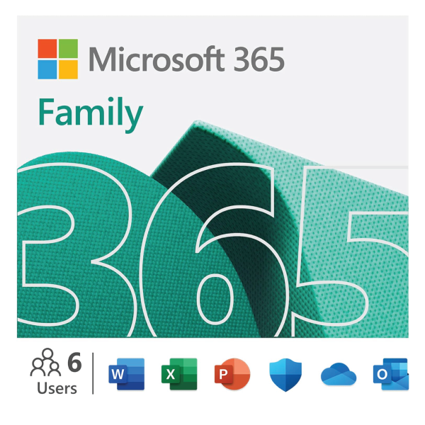 Microsoft 365 Family - 1 Year Subscription- USA subscription package featuring a large green '365' on the cover, along with the Microsoft logo and icons for Word, Excel, PowerPoint, and other applications. | TECHHAUZ.COM