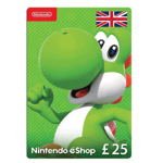 A Nintendo eShop 25 GBP - UK Store gift card displays a vibrant image of Yoshi, a green dinosaur from the Nintendo games, set against a green background with a £25 value and a UK flag in the top right corner. | TECHHAUZ.COM