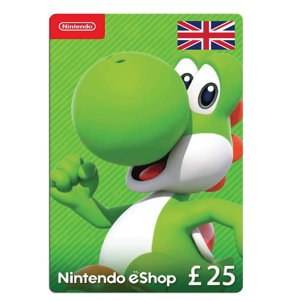 A Nintendo eShop 25 GBP - UK Store gift card displays a vibrant image of Yoshi, a green dinosaur from the Nintendo games, set against a green background with a £25 value and a UK flag in the top right corner. | TECHHAUZ.COM