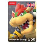 A Nintendo eShop 50 GBP - UK Store gift card featuring a close-up image of the character Bowser. The card is valued at £50 and has a UK flag in the top right corner. | TECHHAUZ.COM