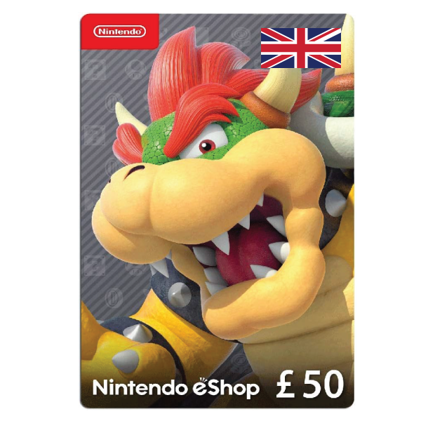 A Nintendo eShop 50 GBP - UK Store gift card featuring a close-up image of the character Bowser. The card is valued at £50 and has a UK flag in the top right corner. | TECHHAUZ.COM