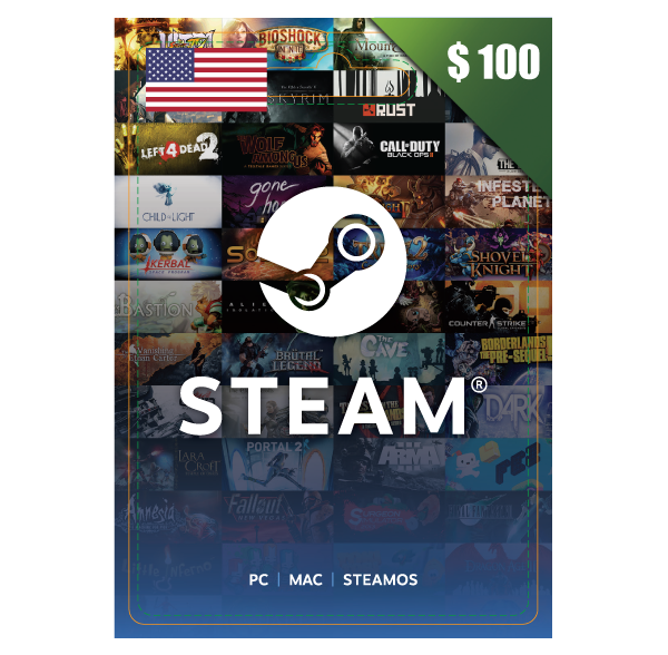 A Steam- 100 USD- USA gift card decorated with various game cover arts and the Steam logo in the center, compatible with PC, Mac, and SteamOS. | TECHHAUZ.COM