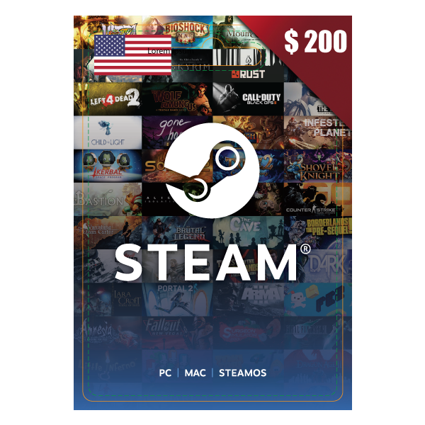 A Steam- 200USD- USA gift card, overlaid on a collage of various game graphics such as Bioshock and Call of Duty, compatible with PC, Mac, and SteamOS. | TECHHAUZ.COM