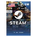 A Steam- 50USD- USA gift card displayed over a collage of game thumbnails featuring various popular video games, highlighted with a large white and blue Steam logo in the center. | TECHHAUZ.COM