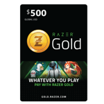 Gift card for Razer Gold 500 USD -GLOBAL featuring the Razer logo and three animated characters representing various game genres on a dynamic green background. | TECHHAUZ.COM