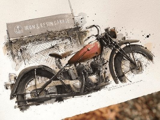 tranh vẽ ký họa màu nước một chiếc xe moto