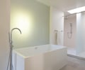 Preview of Ainslie Remodel and Addition - Image 2: bathroom, tile floor, bathtub, shower, glass partition, skylight, modern design, chrome fixtures, minimalist, wall-mounted towel rack.
