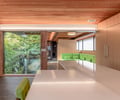 Preview of KITCHEN CONNECTED - Image 3: open floor plan, wood paneling, large windows, natural light, indoor-outdoor connection, modern design, wood ceiling, recessed lighting, built-in seating, minimalist, green accents, clean lines, open shelving, minimalistic furniture, glass wall, nature views, wooden floor, integrated lighting, cabinetry, light fixture, contrasting colors.