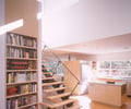 Preview of Lagerberg Residence - Image 9: Bookcase, Indoors, Interior Design, Hardwood, Wood, Building, Housing, Library, Room, stair , glass rail, maple, bamboo, high window.