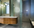 Preview of Millennium Tower Condo - Image 17: Bathroom, Indoors, Interior Design, Room, master bath, tile, mosaic tile, shower door, vanity, vanity light, cabinetry, etch matte glass, bar pull, back splash.