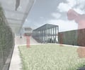 Preview of Tacoma Art Museum Addition - Image 2: modern, contemporary, structure steel, glass facade, grass courtyard, concrete steps, outdoor design, steel beams, open space, minimalist, urban, landscape integration.