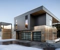 Preview of Sun Valley Fireweed - Image 3: modern architecture, corten steel, concrete wall, structure concrete, garage, glass windows, flat roof, geometric design, minimalistic, exterior lighting, winter setting, patio, outdoor stairs, neutral colors, landscaping, snow, sleek design.