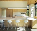 Preview of Sun Valley Fireweed - Image 26: kitchen, island, bar stools, marble countertop, wooden cabinetry, minimalism, large windows, natural light, modern design, open shelving, built-in appliances, backsplash, sleek fixtures, pendant lighting, concrete floor.