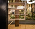 Preview of Undead Labs - Image 23: wood, glass, modern, bathroom, structure wood, concrete floor, minimalist, vanity, mirror, lighting fixture, nature print, transparent surfaces, reflection.