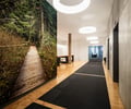 Preview of Undead Labs - Image 5: concrete wall, wood flooring, pendant lighting, corridor, glass wall, nature imagery, modern, open space, minimalist, interior design, contemporary, railing.
