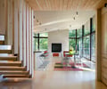Preview of Wetlands Cabin - Image 7: Shelf, Indoors, Interior Design, Flooring, Bench, stair, wood floor, wood ceiling, apple ply, fireplace, structure steel.
