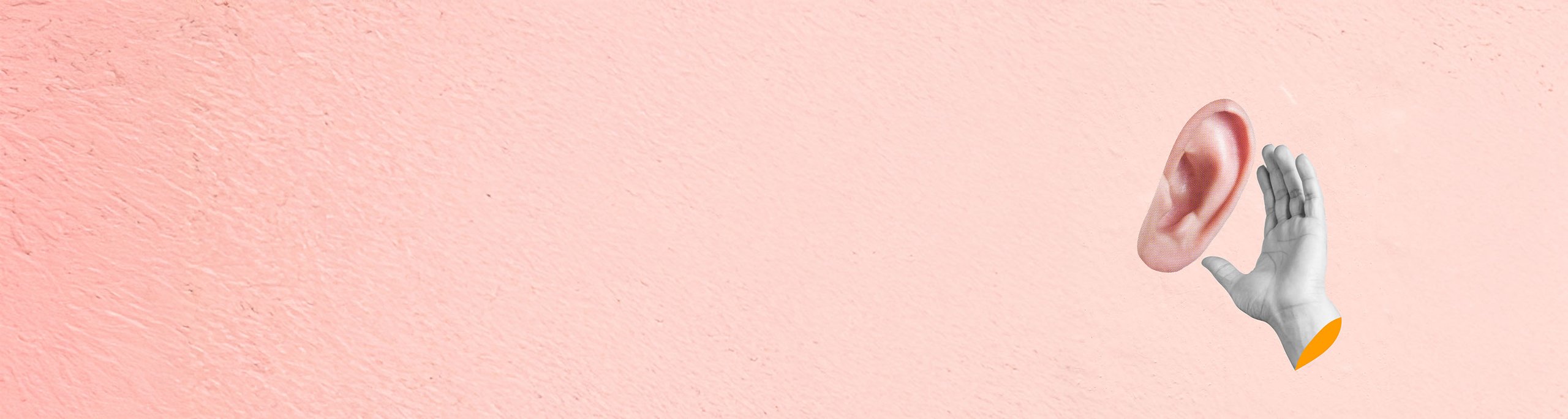 Ear and hand indicating listening floating on pink background.