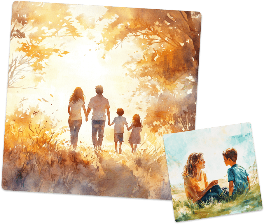 A watercolor family walking and a mom with her child