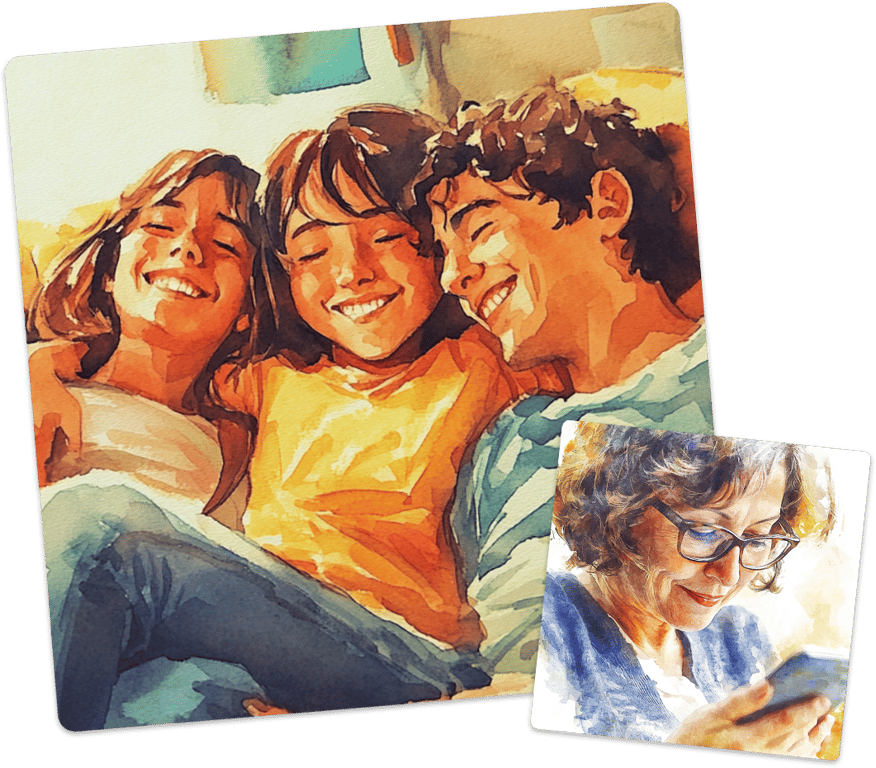 A watercolor family sitting on the couch and a mom reading on her phone
