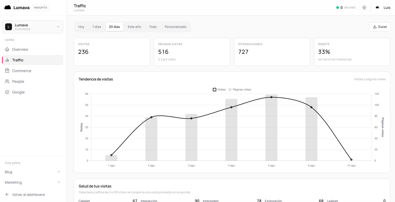 Pantalla de tráfico en Lumava Insights