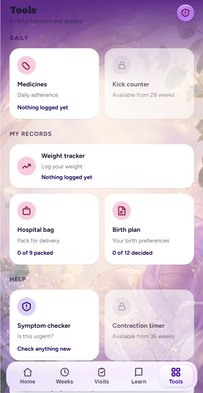 Sugabi tools — kick counter, weight tracker, hospital bag, birth plan