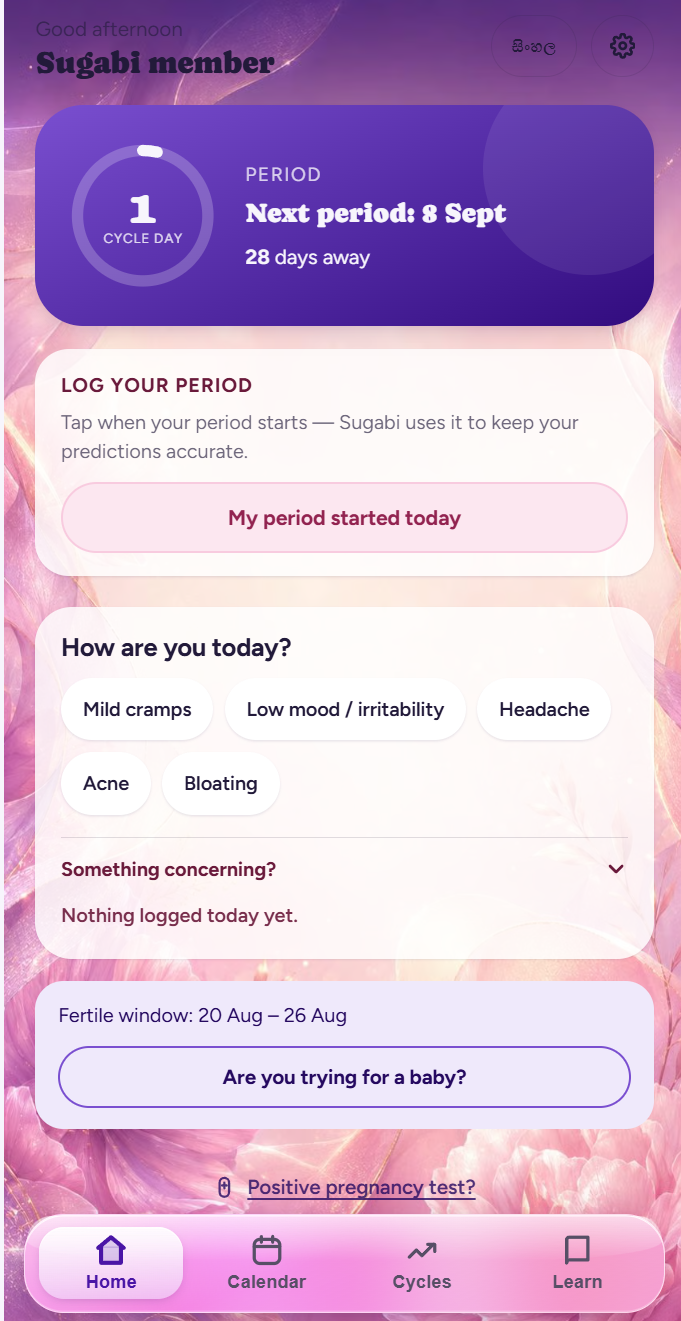 Sugabi cycle home screen — next period prediction and symptom logging