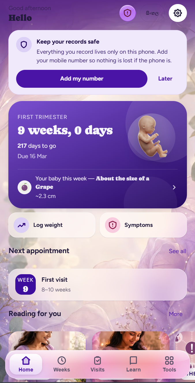 Sugabi pregnancy home screen — 9 weeks, baby the size of a grape