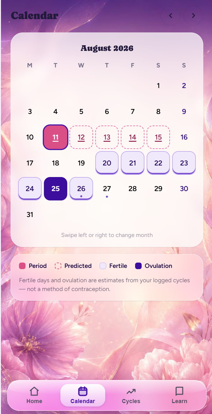 Sugabi cycle calendar with period, fertile window and ovulation days