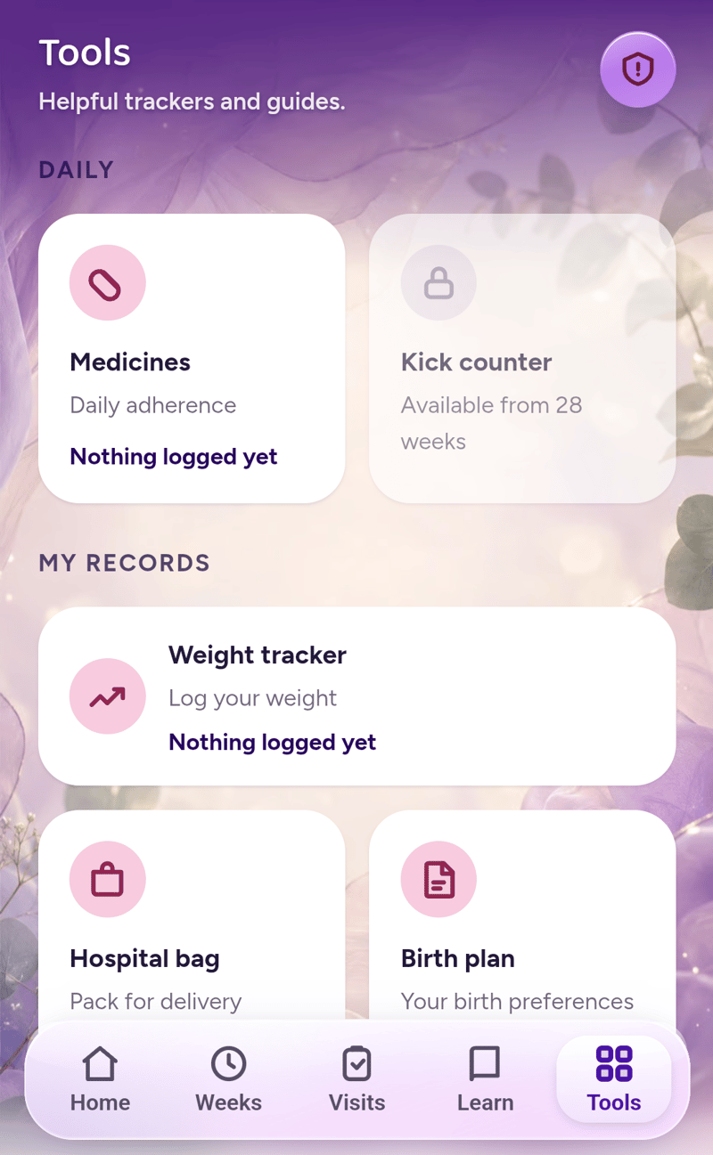 Sugabi tools — medicines, kick counter, weight tracker, hospital bag, birth plan