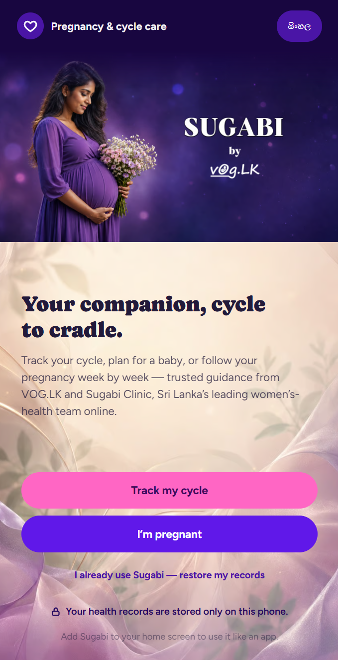 Sugabi app welcome screen — pregnancy and cycle care