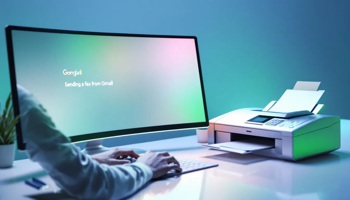 A person using a computer to send a fax from Gmail.