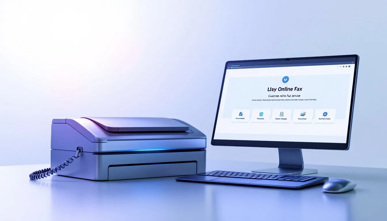 An illustration of a fax machine with a secure online fax service interface on a computer screen.