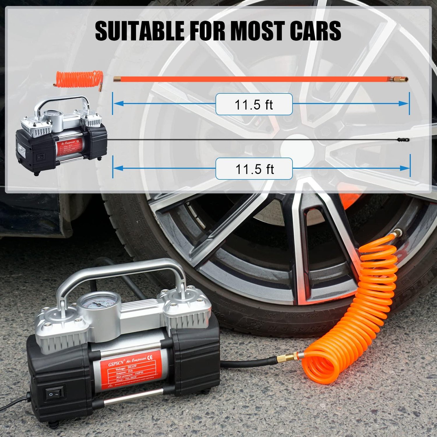 GSPSCN Silver Dual Cylinder 12V Air Compressor Pump 150 PSI with LED