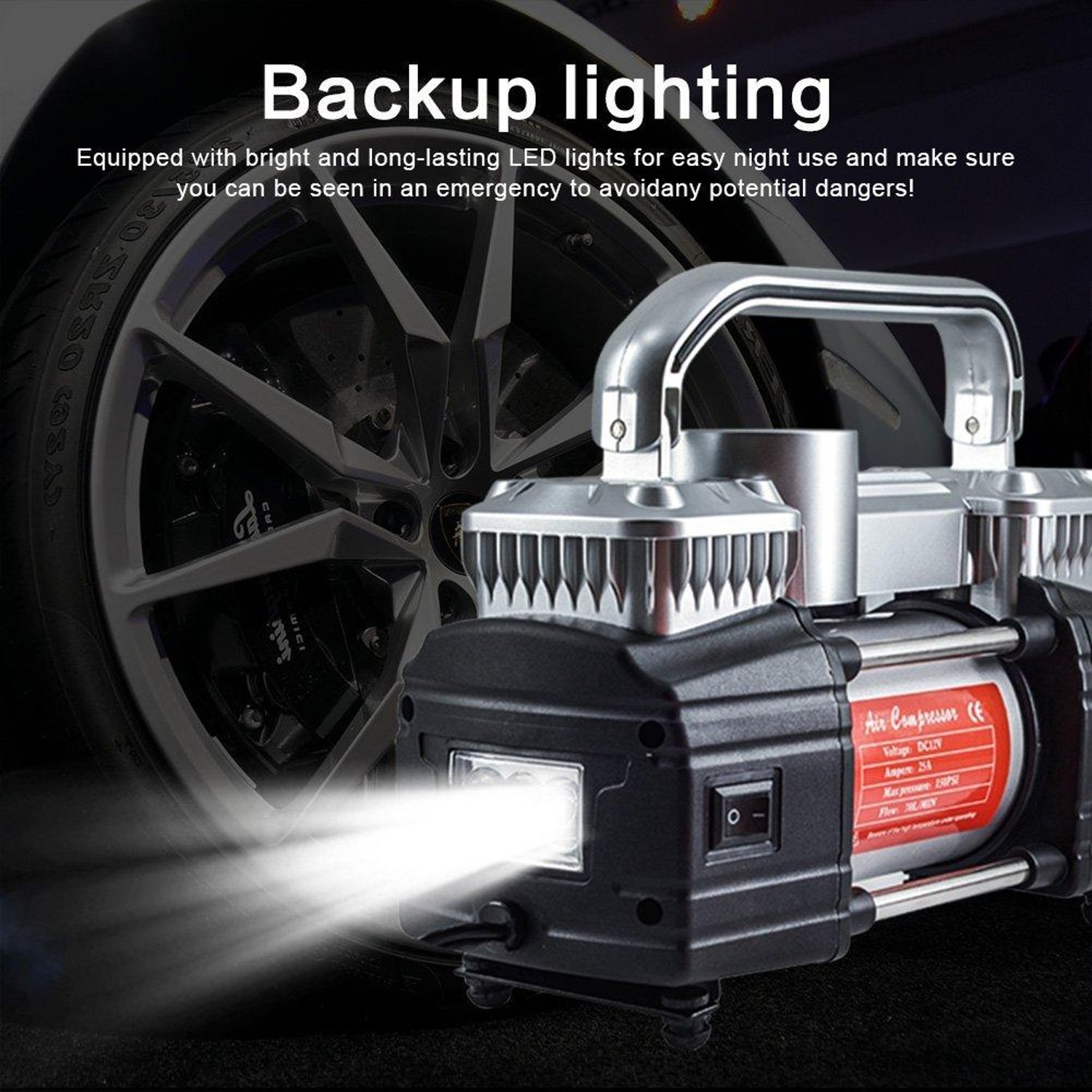 GSPSCN Silver Dual Cylinder 12V Air Compressor Pump 150 PSI with LED