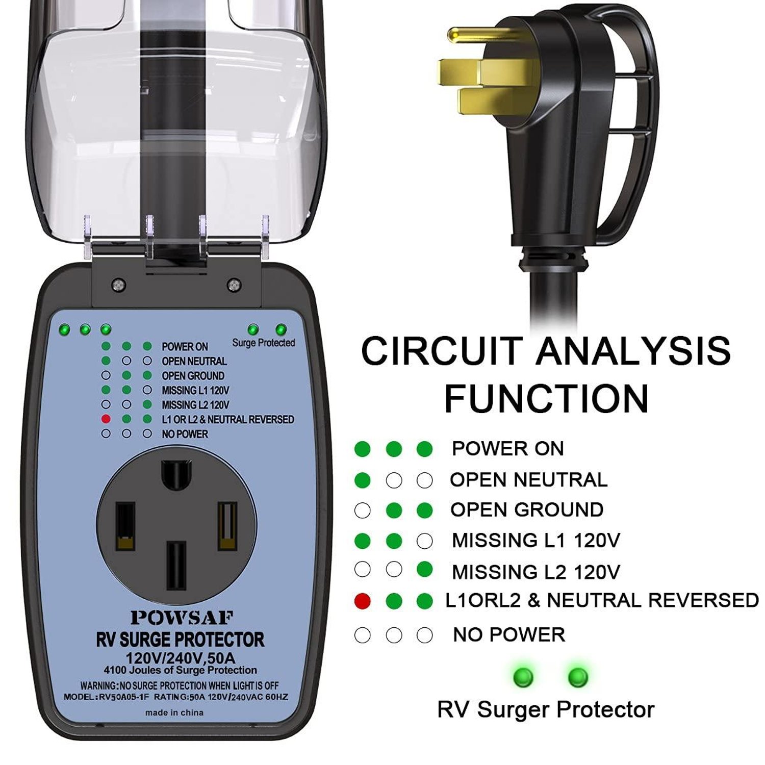 POWSAF RV Surge Protector 50 Amp with Waterproof Cover