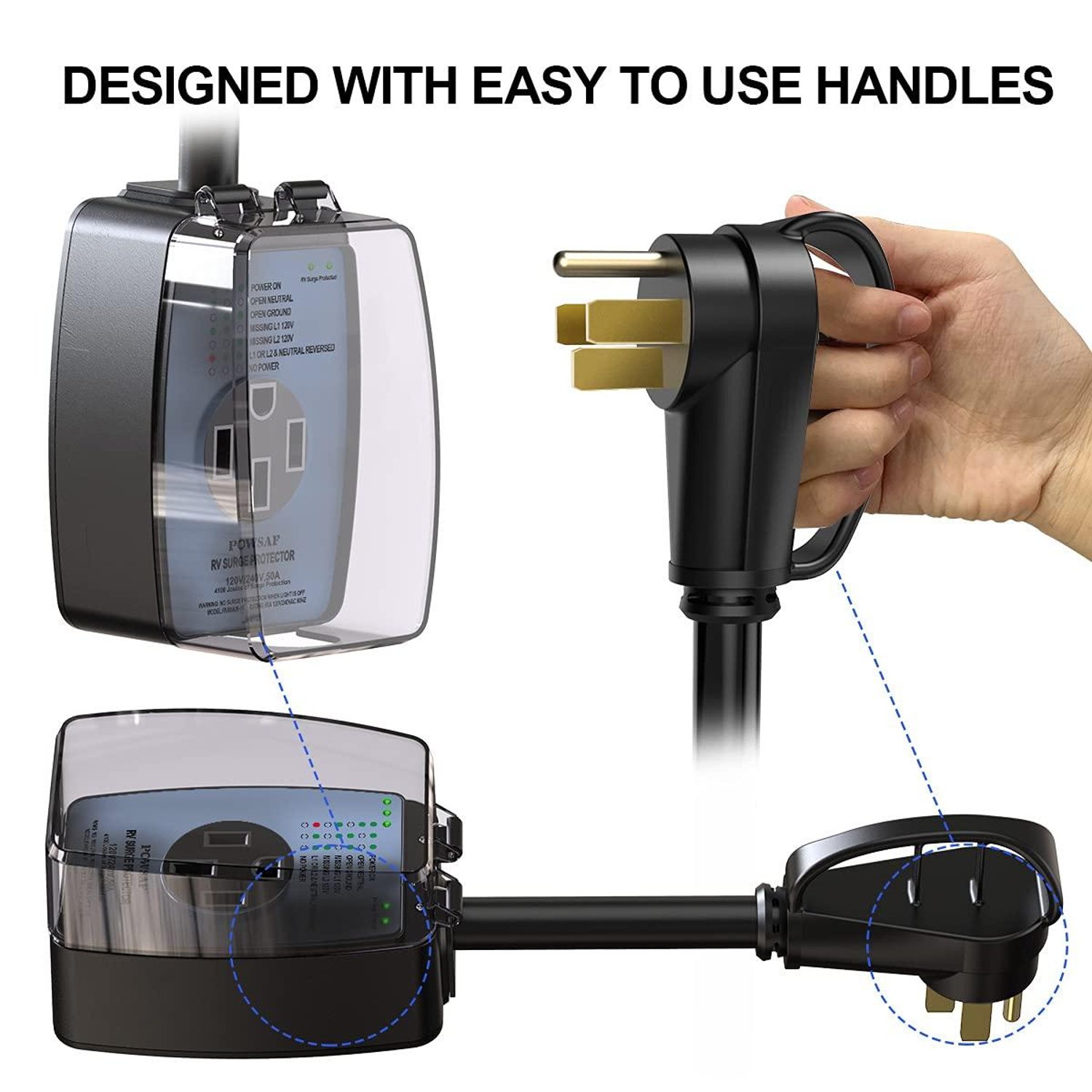 POWSAF RV Surge Protector 50 Amp with Waterproof Cover