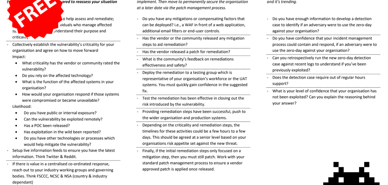 A screenshot of the vulnerability management cheat sheet: a dense three-column checklist covering situation assessment, defences and detection.