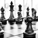 A black-and-white photograph of a chess board mid-game, a single pawn sharp in the foreground and the king and queen out of focus behind it.