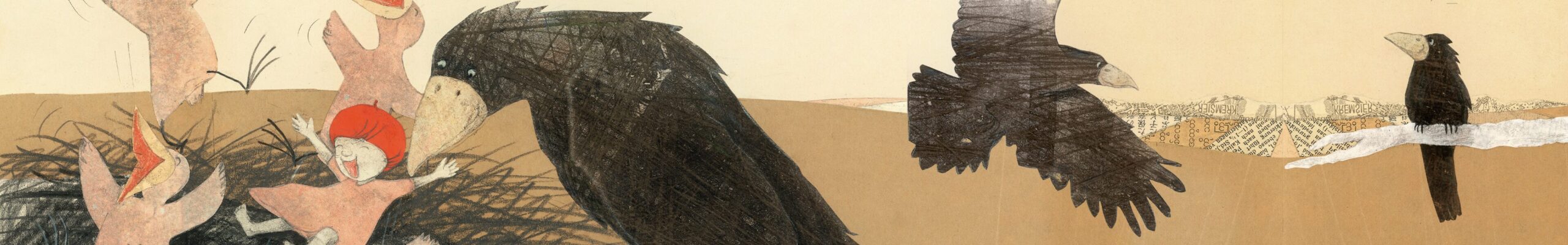 banner livro o corvo rosa desenho de menina em um ninho de corvos se passando por um e sendo cuidada como tal scaled