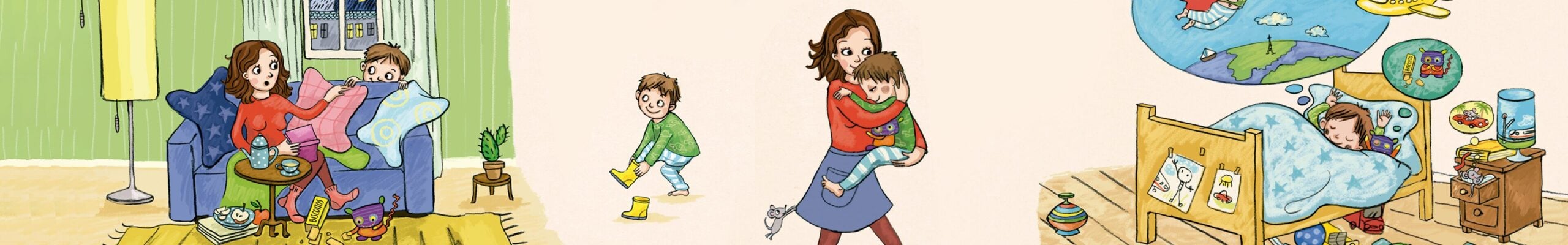 banner livro tom esta acordado desenho de tom com sua mae no sofa da sala dormindo na cama em no colo da sua mae scaled
