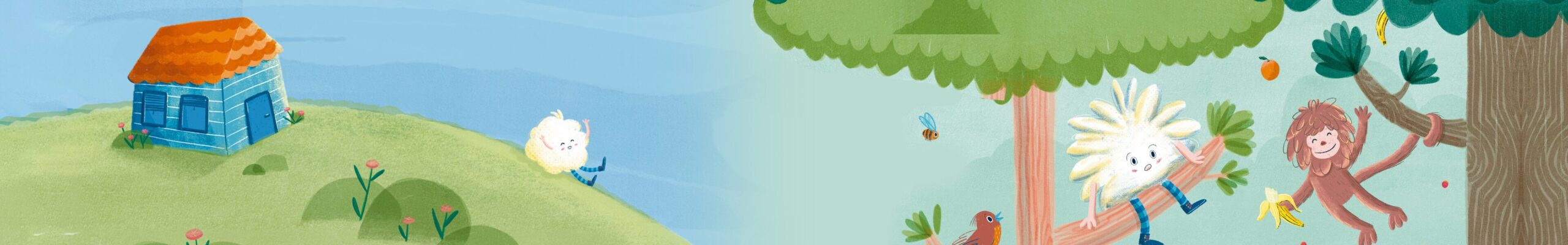 banner livros o passeio da nuvem desenho casa azul com teclado laranja em gramado verde com nuvem e macaco brincando scaled