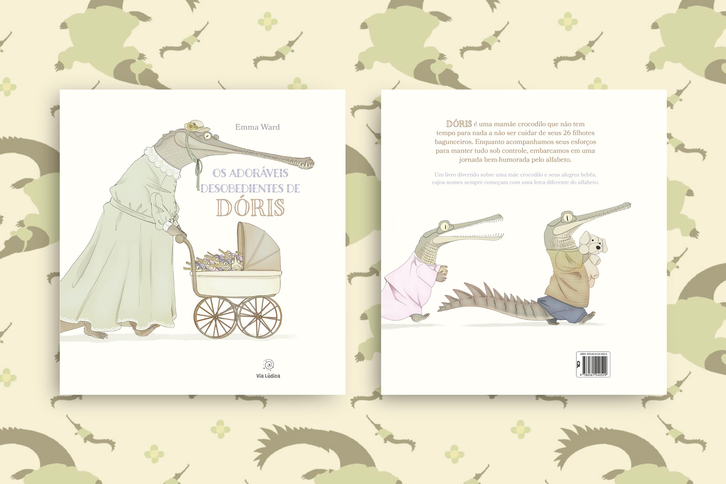 capa livro os adoraveis de doris colecao avulsa uma mamae jacare empurrando um carrinho com diversos filhotes via ludica