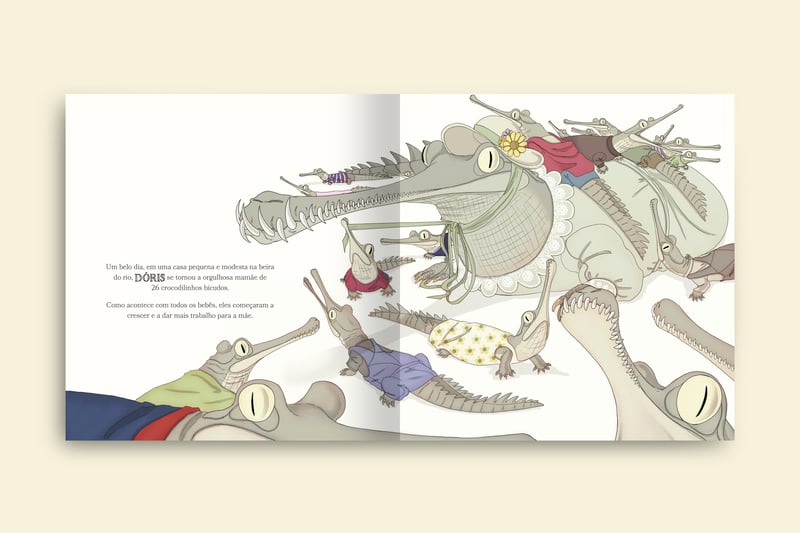 mamae jacare vivia em uma modesta casa com seus 26 crocodilos filhotes que com passar do tempo comecaram a crescer livro os adoraveis de doris colecao avulsa